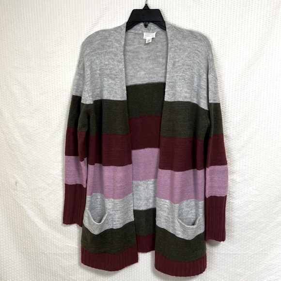 Caslon Open Front Pocket Gray w/ Green and Pink Stripe Cardigan Sweater - Size M - Picture 5 of 10